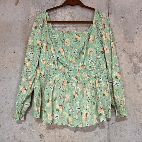 Torrid mint green yellow paisley floral smocked peasant blouse size 2x - Picture 2 of 9